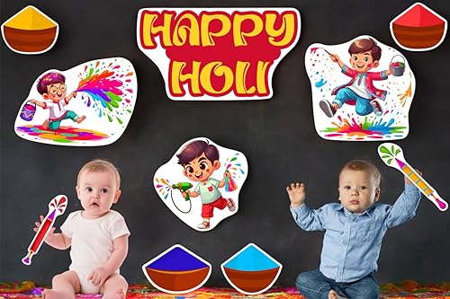 Image of 20+ Pcs Theme Photo Booth Cards /Props for Kids, New Born, 20+ Pcs Props for Photoshoot Celebrations Decorations Cardstock (Holi Theme)