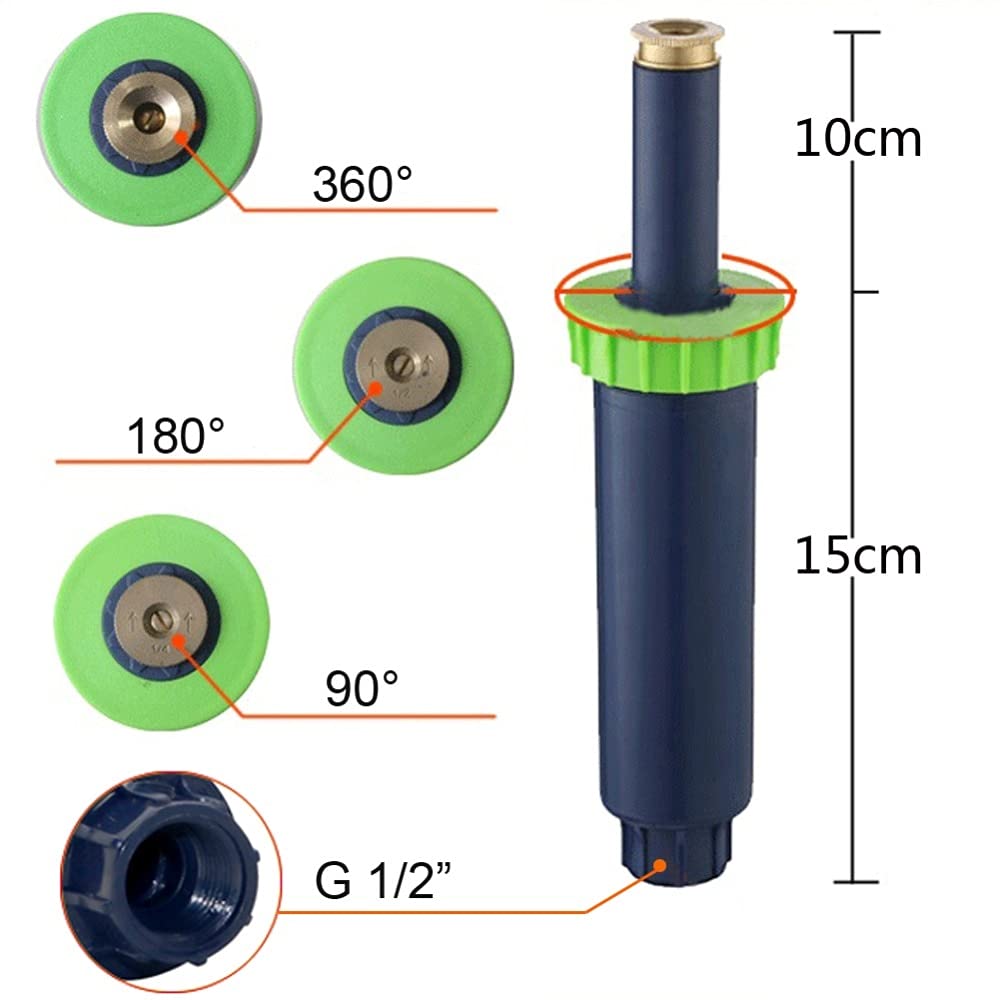 Ugello di irrigazione Irrigatori Pop up Regolabili da 5 Pezzi con Filettatura Femmina da 1/2 Pollice 90-360 Gradi Irrigatore per irrigazione del Prato Retrattile Automatico