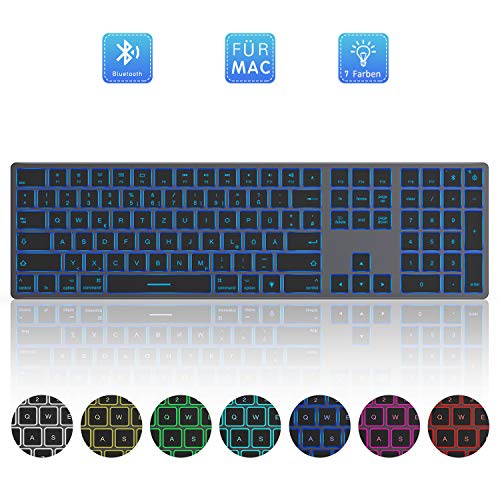 Jelly Comb Bluetooth Beleuchtete Funktastatur, Kabellose Wiederaufladbare Ultraslim Fullsize Tastatur, QWERTZ Deutsches Layout, mit 7 farbigen Beleuchtung für MacBook, iMac, Mac OS, iPad, Grau