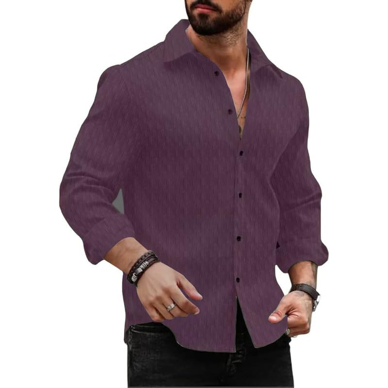 Image of DEELMO Men's Regular Fit Button Down Dress Shirts Textured Long Sleeve Casual Hawaiian Shirt