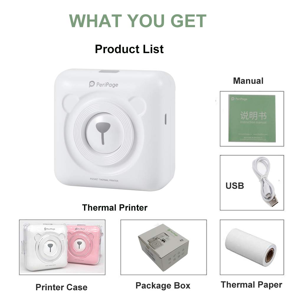 Impresora fotográfica Bluetooth portátil + Estuche protector + 1 rollo de papel sin tinta de bolsillo Peripage de impresión térmica (Blanco)