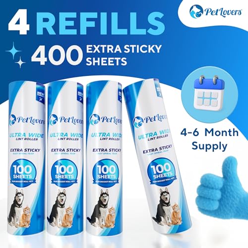 Image of PetLovers Pack of 4 Extra Sticky Lint Rollers for Floors - No Handles Included - 100 Sheets Per Refill - 400 Sheets Total