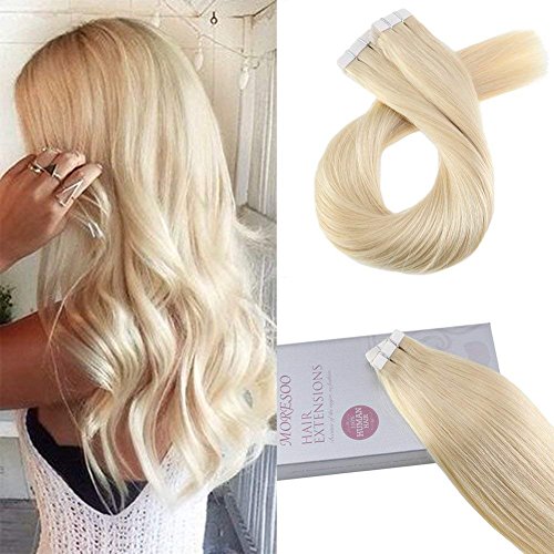 Moresoo 14 Inch Glue in Hair Extensions Real Human Hair Extensions Bleach Blonde Color #613 20pcs/50g Tape Human Hair Extensions Straight Remy Hair Seamless Skin Weft