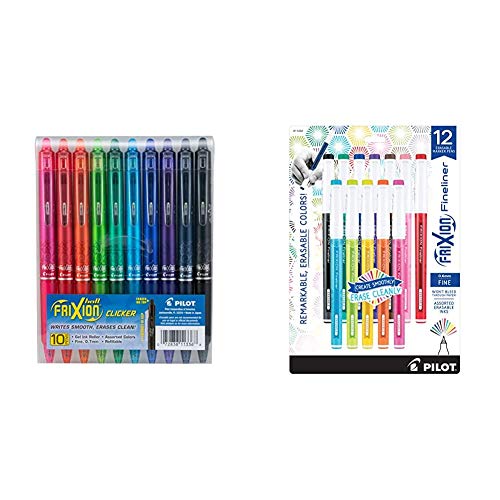 PILOT FriXion Clicker Erasable, Refillable & Retractable Gel Ink Pens, Fine Point, Assorted Color Inks, 10-Pack & FriXion Fineliner Erasable Marker Pens, Fine Point, Assorted Color Inks, 12-Pack