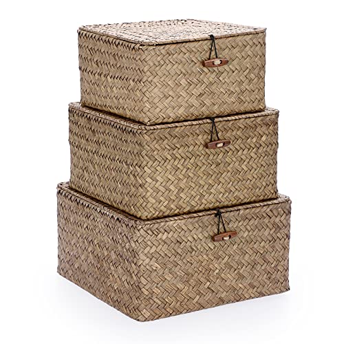 Hipiwe Wicker Shelf Baskets Bins With Lid Handwoven Storage Baskets Boxes Natural Seagrass Basket Box Home Decorative Household Organizer Bins Boxes For Shelf Organizing,Set Of 3 #TOP9