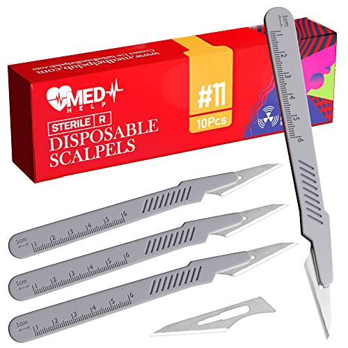 MedHelp Disposable Scalpel 11 Disposable Dermaplaning Blades with Plastic Handle, High Carbon Steel Dermablade Surgical Blades. Individually Wrapped 11 Blade, Sterile ● Box of 10