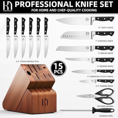 Image of Knife Set, 15 Pcs Kitchen Knife Block Set, Enduring Razor-Sharp Japanese High Carbon Stainless Steel Chef Knife Set with Block and Sharpener, Premium Knives Set for Kitchen, Black Acacia