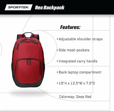 SPORT-TEK Unisex Rec Backpack | Laptop Bag for Women & Men, Gym Backpack with Padded Back & Ventilated Shoe Compartment