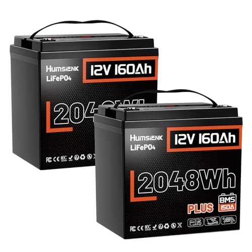 Image of HumsiENK 2Pack 12V 160Ah Plus Lithium LiFePO4 Battery, 2048Wh Energy Trolling Motors Battery, 150A BMS with Low-Temp Protection, 15000+ Deep Cycles, 10 Years Lifespan for RVs, Marine, Off-Grid, Boat