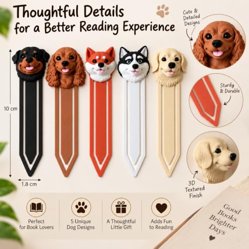 Image of 5 Pack Cute Dog Bookmarks, Unique 3D Page Markers for Readers & Gifting