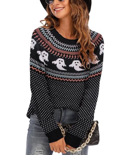 Image of Women's Fair Isle Sweaters Long Sleeve Crew Neck Loose Casual Halloween Pullover Sweater Black Medium