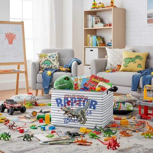 Image of Kid Dinosaur Storage Basket, Blue Striped Tyrannosaurus Rex | Rectangular, Collapsible, Room Decor, Nursery Gift Basket, Baby
