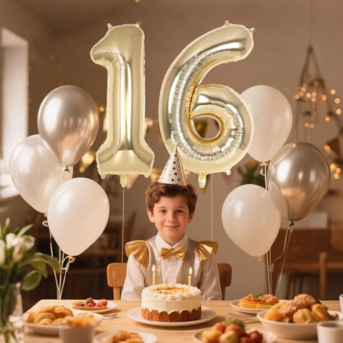 Image of Champagne Gold Large Number 16 Balloon, 40 Inch Light Gold Foil Helium Number Balloons, Giant Mylar Number 16 Balloons for 16 Years Old Birthday Party Anniversary Decorations (Champagne Gold 16)
