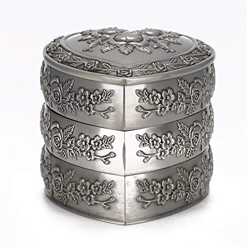 Caja de joyas en forma de corazón, contenedor de joyas decorativo retro de estilo europeo con interior forrado suave para anillos, pendientes y collares, regalo vintage para mujere (3 capas)