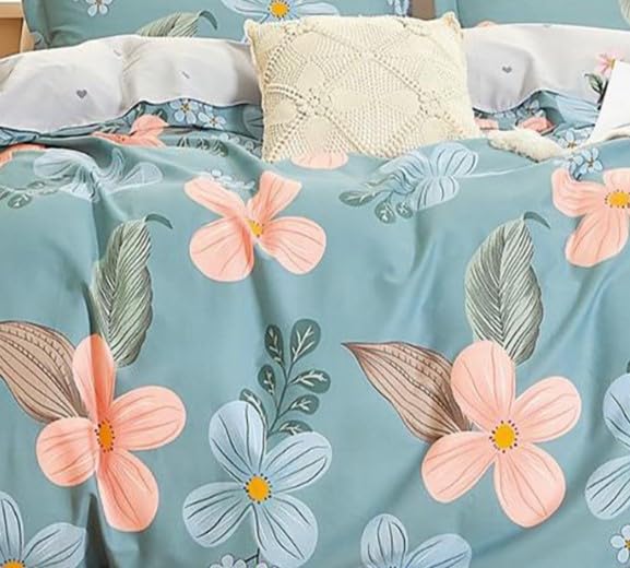 Image of DECOMIZER Super Soft Glace Cotton King Size AC Comforter II Blanket II Duvet for Double Bed with 1 Flat Bedsheet and 2 Pillow Cover - 4 Piece Comforter Set - Sky Peach-300 TC