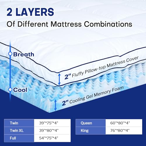 4 Inch Dual Layer Queen Mattress Topper, Cooling Gel Memory Foam for Back Pain & Pressure Relief, CertiPUR-US Certified Mattress Pad