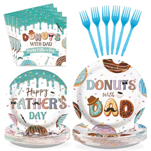 96 Pcs Fathers Day Decorations Donuts with Dad Plates and Napkins Disposable Happy Father's Day Tableware Set Sprinkle I Iove Dad Donut Plates for Fathers Day Party Supplies Serves 24