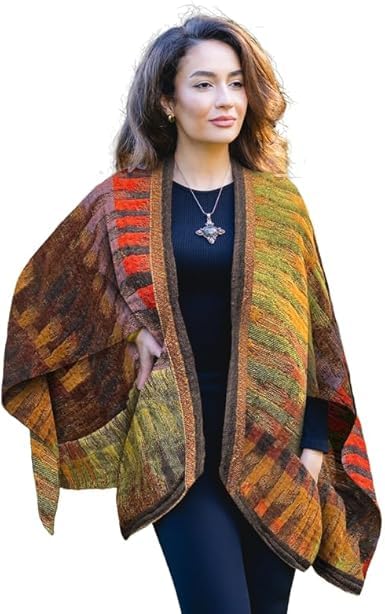 In Style 100% Australian Superfine Merino Wool Handmade Reversible Open Front Cape Ruana With Pockets