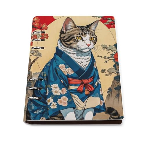 A5 ノート リフィル対応 和風 浮世絵 猫柄 PUレザー 手帳型 ビジネスノート 6穴 バインダー 書きやすい リングノート 多機能 メモ帳 学生 社会人 仕事用 おしゃれ