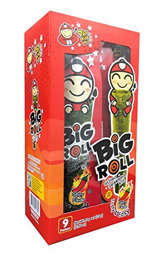 Tao Kae Noi Rollo de algas marinas crujientes a la parrilla, sabor picante, 9 paquetes por caja, 3 cajas