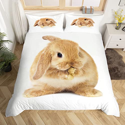 Homemissing Lapin Parure de Lit 220x240cm Jaune Lapin Parure Housse de Couette Kawaii 3D Animaux Parure de Lit Respirant Mignon Aniaml Lapin Fourrure Peau Chambre Décor
