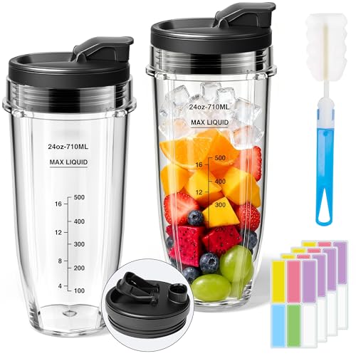 ENVTEK Replacement 24oz Blender Cups for Ninja 2-Pack, Leakproof Lids, Waterproof Writable Labels (24pk) & Cleaning Brush, Compatible with BN401 BN801 BL450 BL480 BL640 NN100 SS401 Foodi Series