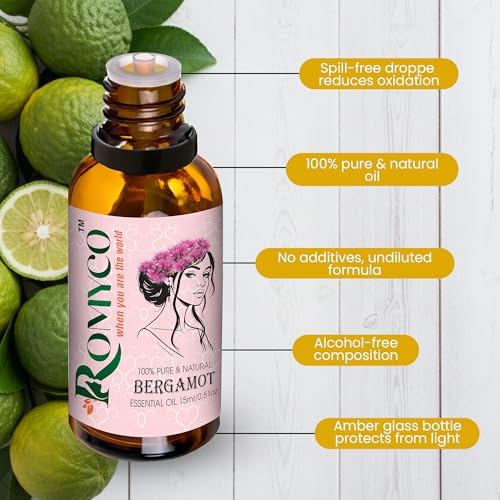 Image of Romyco Bergamot Essential Oil 15ml for Stress Relief Mood Uplift Relaxation Massage & Self-Care | Citrus Aromatherapy Diffuser | Pure Premium Natural Undiluted