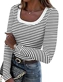 Zeagoo Long Sleeve Tops for Women Black and White Striped Shirts Fitted Rib Knit T Shirt Basic Tee Undershirt