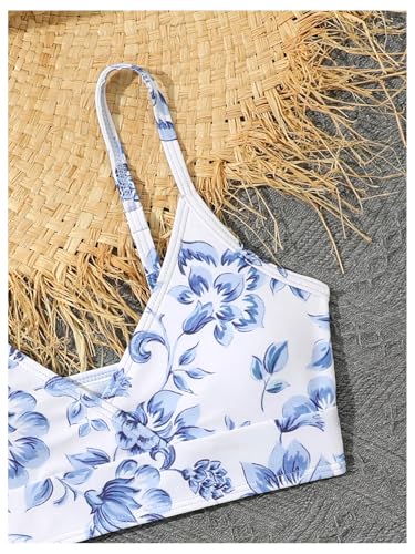 Image of WDIRARA Girl's Floral Print 3 Pieces Beach Bikini Swimsuit with Drawstring Ruched Skirt