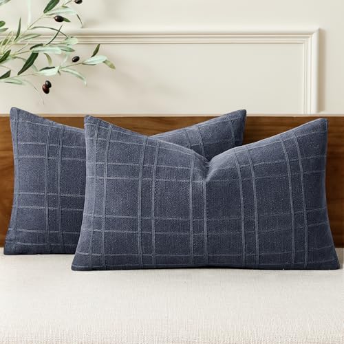 Image of MIULEE Decorative Linen Check Lumar Throw Pillow Covers Neutral Farmhouse Vintage Pillow Covers 12x20 Set of 2 Boho Modern Home Decor for Sofa Couch Bedroom Cushion Navy Blue