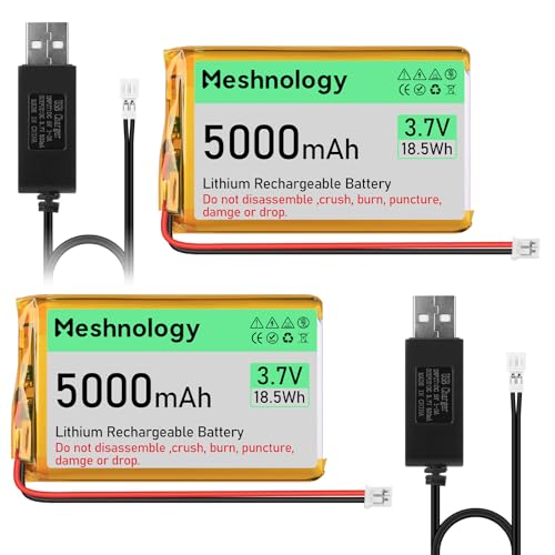 Meshnology Lot de 2 batteries Li 105080 3,7 V 5000 mAh avec câble de charge USB PH 2.0 1S Batterie LiPo avec bande de protection isolée en caoutchouc pour Arduino...