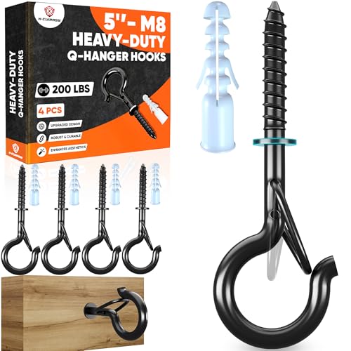 [HIGH-WORKLOAD] 200Lbs 4 Pcs Q-Hanger Hooks M8 with Washer & Safety Buckle Heavy Duty 5 Windproof Screw Hooks for Hanging Plants Yoga Lights Indoor & Outdoor Uses-Expansion Tubes Screwdriver