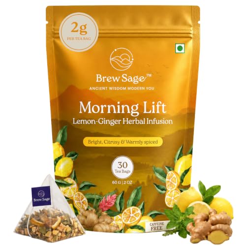 Image of Brew Sage Morning Lift Herbal Tea - Lemon, Ginger & Tulsi | Detox Tea for Weight Loss, Bloating & Digestion | Caffeine-Free Energy & Stress Relief | 30 Tea Bags | Vegan, GMP Certified