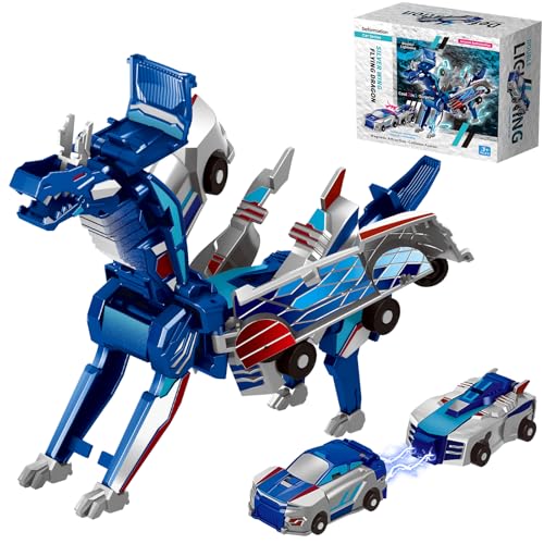 Jinbeixing Collision Transforming Dinosaur car Toy | 2-in-1 robo Crash Magnetic Race Cars | Transform into Dinosaurs Robot Toys | for Boys & Girls Age 4-8 (Blue Dragon)