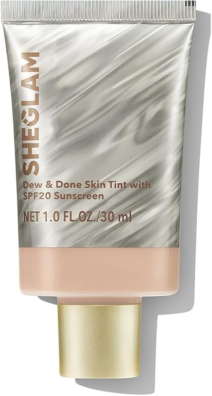 Hidratante com cor SHEGLAM Dew & Done Skin Tint Chantilly, cobertura leve a média, acabamento luminoso, FPS 20