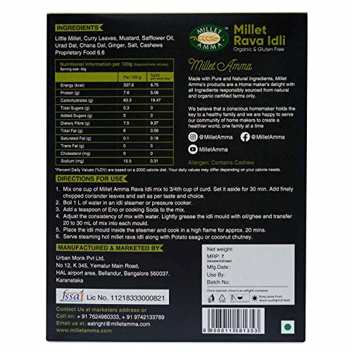Image of Millet Amma CERTIFIED ORGANIC Millet Rava Idli Mix | 250 GMS Pack | 92% Millet Content | Easy & Ready to Cook | Instant Millet Breakfast Mix | Rich in Protein & High Fiber | 100% Vegan |