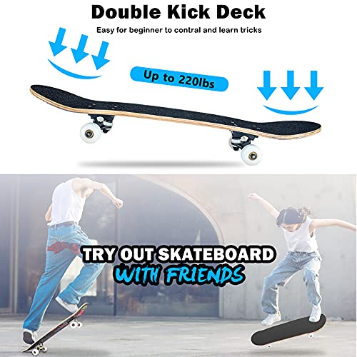 Skateboard, 31 x 8 inch compleet skateboard, 8-laags esdoorn houten dek dubbele trap standaard skateboards voor kinderen… - Afbeelding 4
