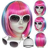 ANOGOL Hair Cap + (Sunglasses) Rainbow Wig Blue Pink Bob Wig with Bangs Womens Party Wigs with Sunglasses Short Neon Wig Daily Party Fun Wigs Women Halloween Costume Pride Day Bachelorette Hair