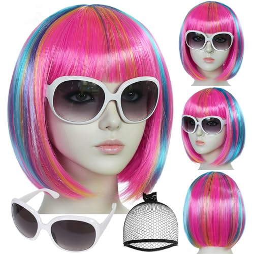 Image of ANOGOL Hair Cap + (Sunglasses) Rainbow Wig Blue Pink Bob Wig with Bangs Womens Party Wigs with Sunglasses Short Neon Wig Daily Party Fun Wigs Women Halloween Costume Pride Day Bachelorette Hair