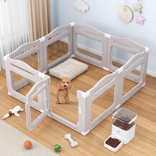 Recinto per Cani da Interno in Acrilico 60cm, 7 PCS +1 Pannelli con Porta a Chiusura, Recinto per Cani Pieghevole con Ventose, Parco adatto per Appartamento, Grigio Caldo