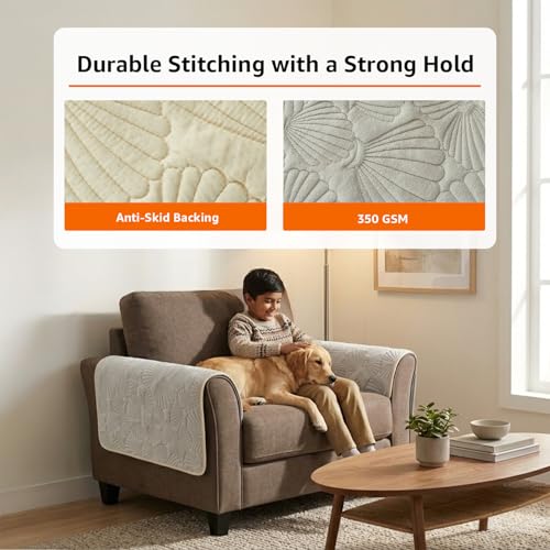 Image of Amazon Basics - Velvet Quilted Make Your Own Sofa Cover |70cm x 70cm| Microfiber Sofa Slipcover (Damask,Cream, Set of 2 Armrest)