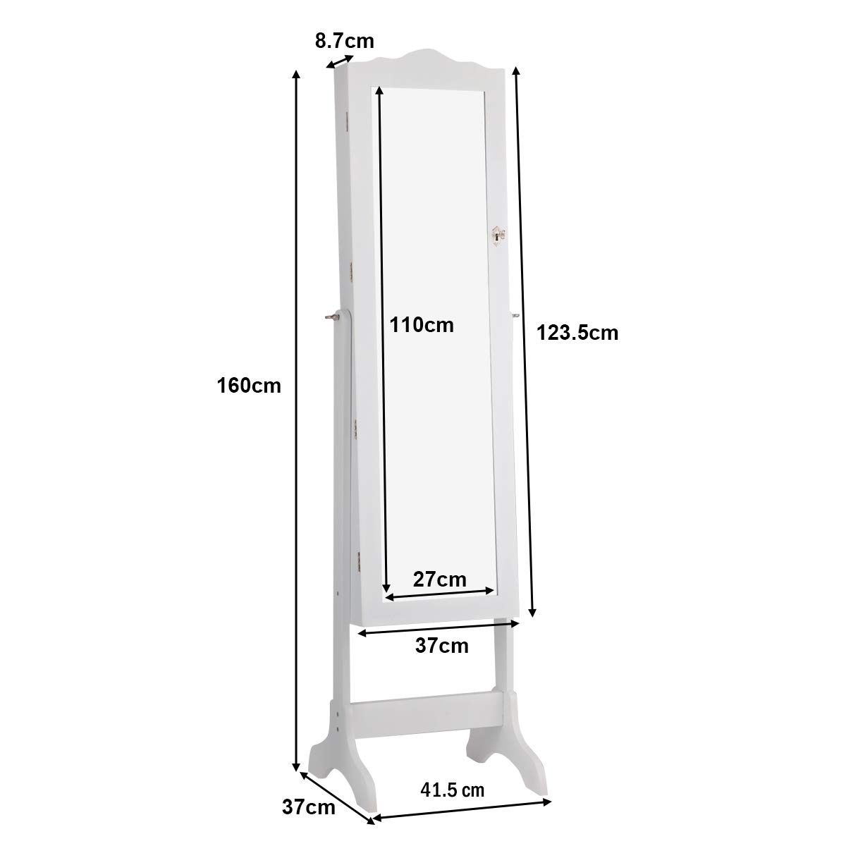 GIANTEX Armoire à Bijoux avec Miroir sur Pied Inclinable, Porte Bijoux avec 14 Lampes LED, Rangement Bijoux en Bois, pour Colliers pour Chambre, Salle de Bain (Blanc)