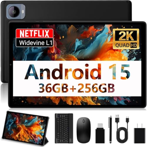 Image of 2026 Android 15 Tablet, 10.4 Inch 2K Display 36GB RAM 256GB ROM /1TB TF T606 Octa-Core, 3 in 1 Android Tablet with Keyboard Mouse Stylus, 8000mAh Battery Support 5G WiFi /BT5.0 /GPS- Black