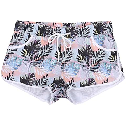 ESTAMICO Women Board Shorts with Liner Quick Dry Drawstring Floral Print Swim Trunk with Pockets, Leaf Pattern, Large Cover