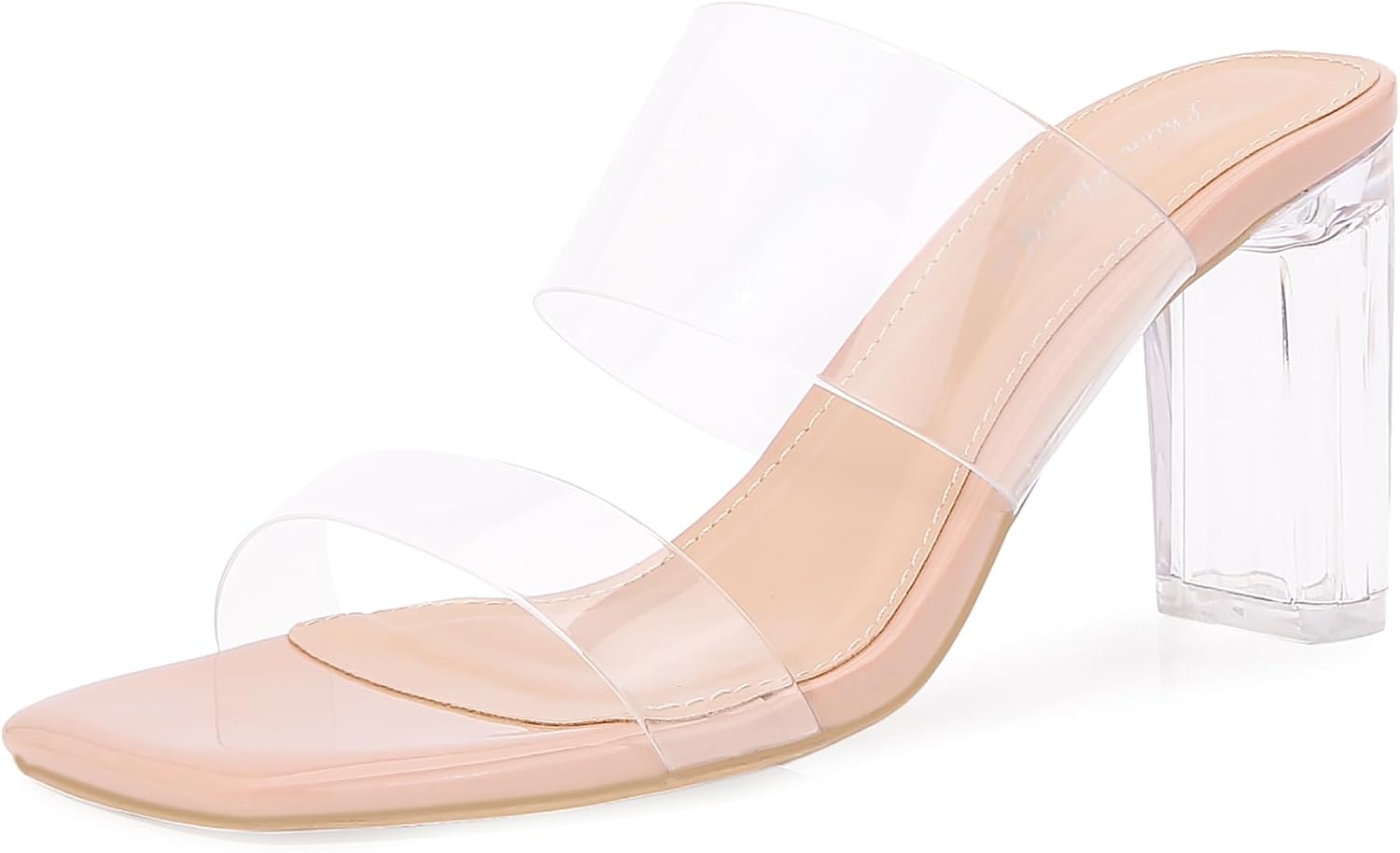 Clear Heels for Women Transparent Two Strap Block Chunky Square Heel Sandals Open Toe Slip On Mules Dressy Summer Wedding Party Beach Shoes