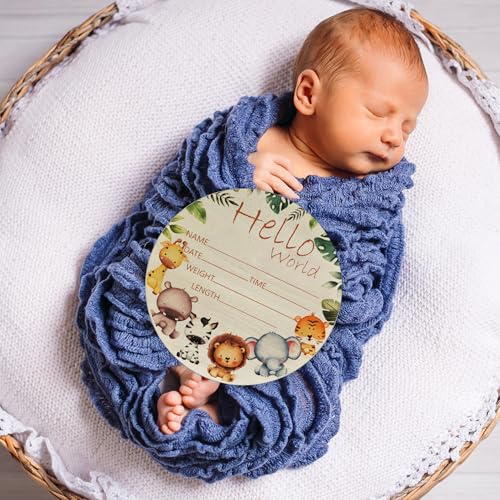 Image of Woodland Baby Name Sign 6 inch Round Wood Birth Announcement for Nursery | Round Birch Wood Baby Name Sign, Woodland Nursery Decor With Giraffe Elephant Design, Idea for Newborn, Baby Shower Gifts