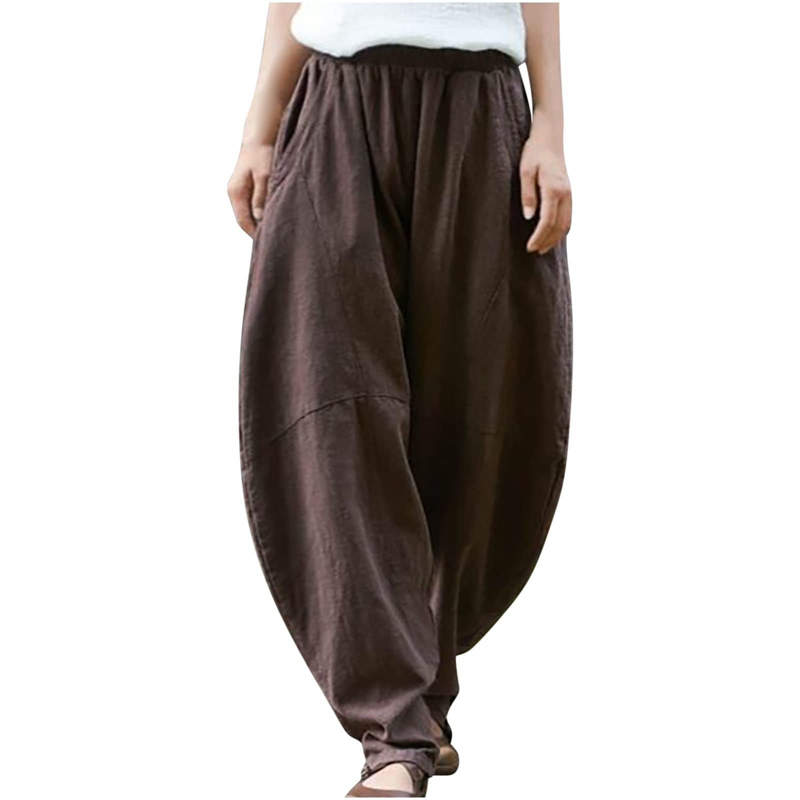 Women Cotton Linen Baggy Yoga Pant Casual Elastic Waist Relax Fit Lantern Trouser Loose Fit Beach Boho Harem Pant Brown