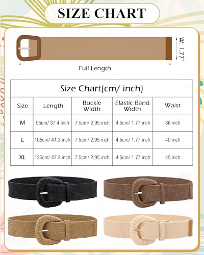 Image of WILLBOND 4 Pcs Women's Elastic Raffia Woven Belt, Boho Rattan Buckle Stretch Straw Wide Waist Belt for Dresses Jeans Pants