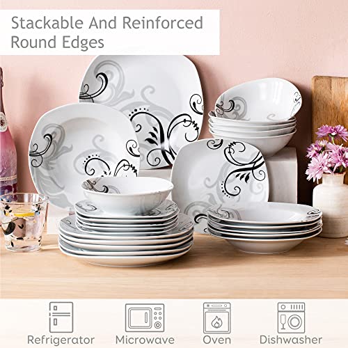 VEWEET, Series Zoey, 24-Piece White Porcelain Dinnerware Sets for 6, Decal Patterns Plates and Bowls Sets with Dinner Plate, Soup Plate, Dessert Plate, Bowl - Image 5