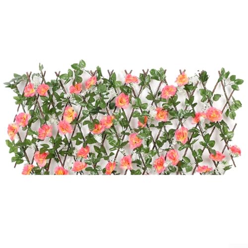 Jonikuper Valla de madera extensible enrejado artificial de hojas verdes con flores de flores, pantalla de privacidad, enrejado telescópico para balcón, patio, decoración al aire libre, altura